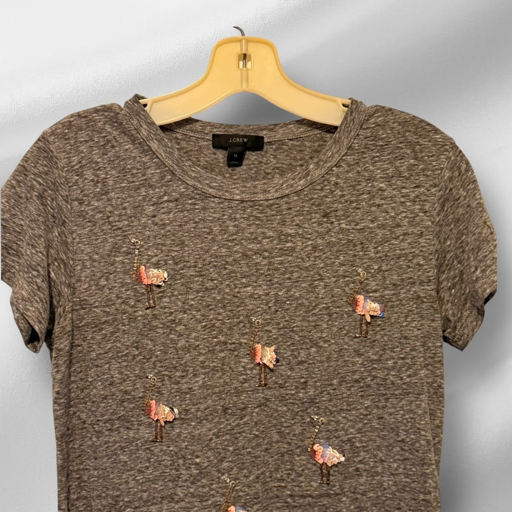 J Crew Beaded Flamingo‎ Gray T-Shirt - Picture 2 of 7